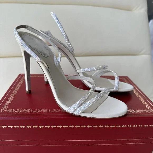 NEW Rene Caovilla Embellished Halter Cocktail Sandals SZ 38 White Crystal - Picture 9 of 9